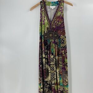 Roz & Ali maxi dress flowing racer back beaded medallion at waist multi print